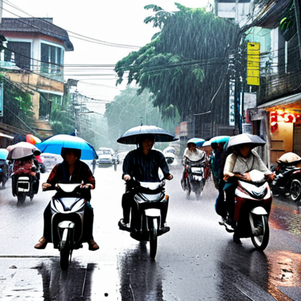 **A bustling Hanoi street scene during a rain shower, with motorbikes and pedestrians navigating the chaotic traffic.** (Focus: Hanoi street, rain, motorbikes, chaotic traffic)