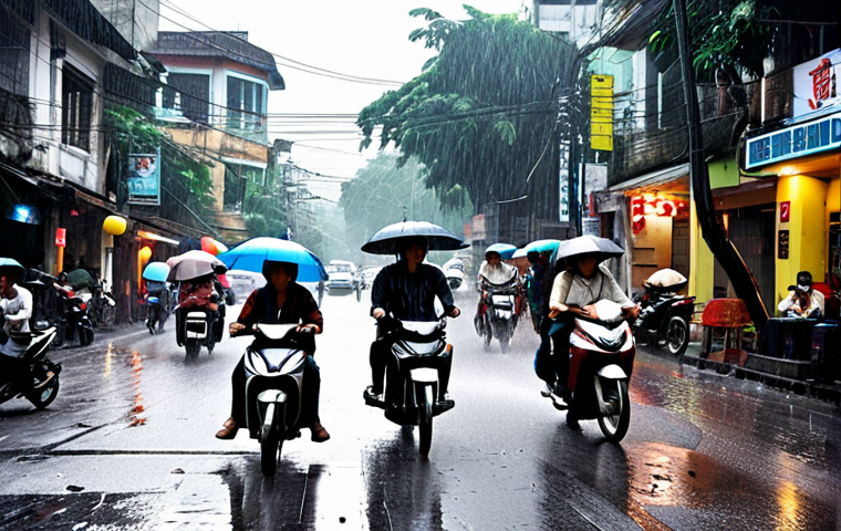 **A bustling Hanoi street scene during a rain shower, with motorbikes and pedestrians navigating the chaotic traffic.** (Focus: Hanoi street, rain, motorbikes, chaotic traffic)