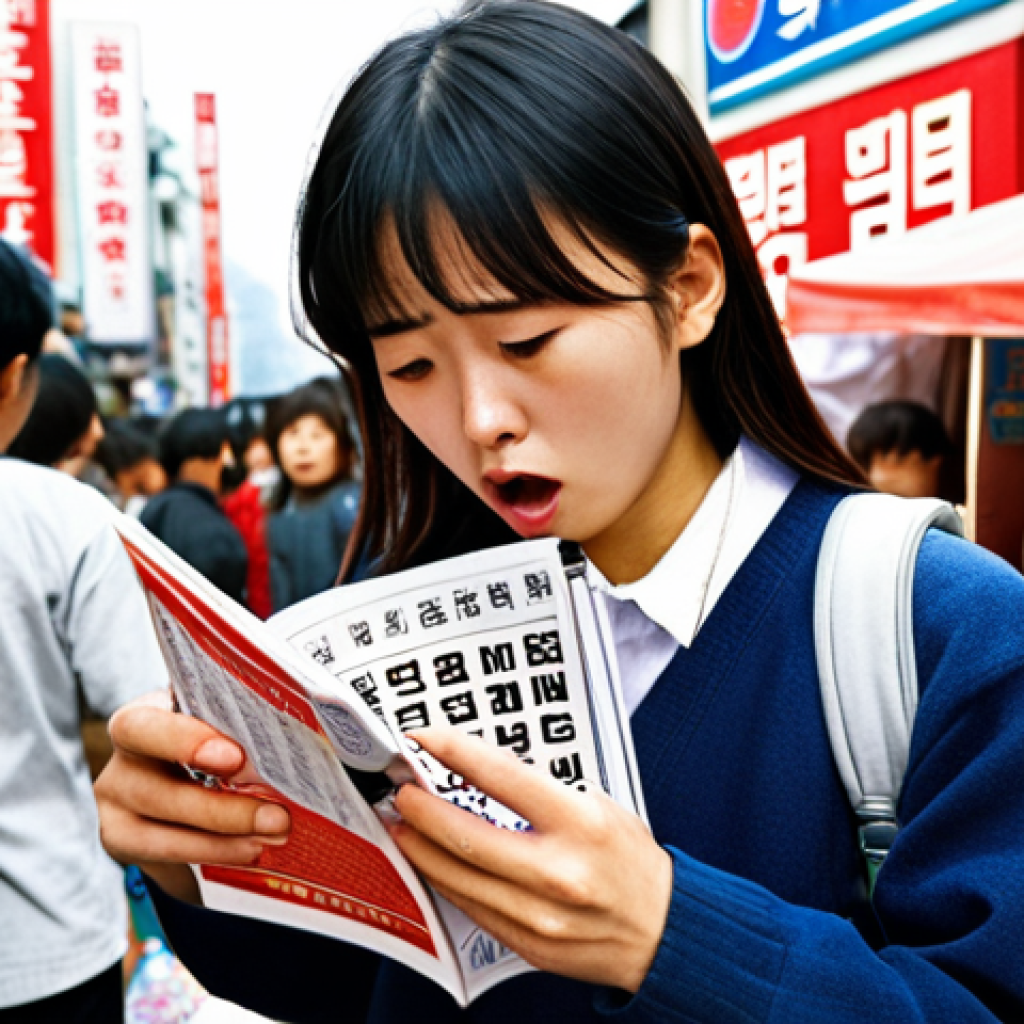**

A Vietnamese student looking overwhelmed and frustrated while trying to communicate in Korean in a bustling Seoul street market. Emphasize the language barrier and cultural differences. The background should feature Korean signage and people speaking quickly. The student is holding a phrasebook but looks confused.

**