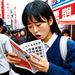 **

A Vietnamese student looking overwhelmed and frustrated while trying to communicate in Korean in a bustling Seoul street market. Emphasize the language barrier and cultural differences. The background should feature Korean signage and people speaking quickly. The student is holding a phrasebook but looks confused.

**