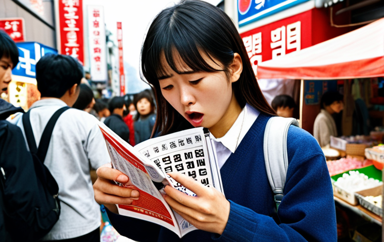 **
A Vietnamese student looking overwhelmed and frustrated while trying to communicate in Korean in a bustling Seoul street market. Emphasize the language barrier and cultural differences. The background should feature Korean signage and people speaking quickly. The student is holding a phrasebook but looks confused.
**
