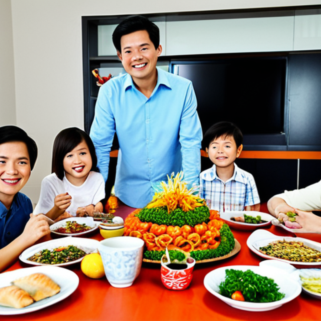 **
"A Vietnamese-American family enjoying a traditional Tết celebration in their modern home. The mother is wearing a beautiful áo dài, the father is dressed in smart casual attire, and the children are wearing festive clothing. They are gathered around a table laden with traditional Vietnamese New Year foods like bánh tét and mứt. The background shows a brightly decorated living room with family photos and traditional decorations. Perfect anatomy, correct proportions, natural pose, well-formed hands, proper finger count, natural body proportions, fully clothed, appropriate attire, safe for work, professional, modest, family-friendly."
**