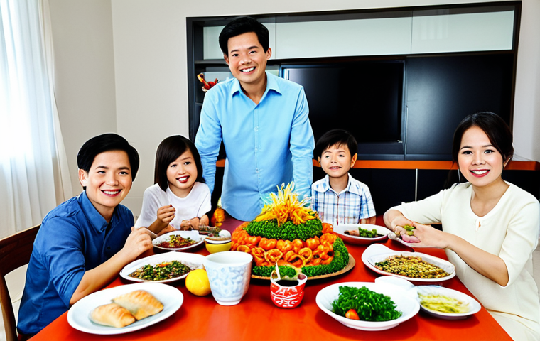 **
"A Vietnamese-American family enjoying a traditional Tết celebration in their modern home. The mother is wearing a beautiful áo dài, the father is dressed in smart casual attire, and the children are wearing festive clothing. They are gathered around a table laden with traditional Vietnamese New Year foods like bánh tét and mứt. The background shows a brightly decorated living room with family photos and traditional decorations. Perfect anatomy, correct proportions, natural pose, well-formed hands, proper finger count, natural body proportions, fully clothed, appropriate attire, safe for work, professional, modest, family-friendly."
**