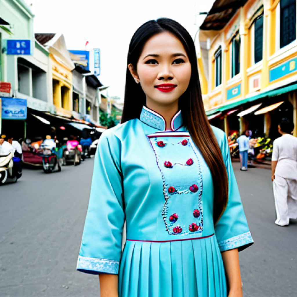 Vietnamese Woman in Traditional Ao Dai**
"A professional photograph of a Vietnamese woman wearing a traditional Ao Dai, fully clothed, standing in front of the Ben Thanh Market in Ho Chi Minh City. Appropriate attire, safe for work, perfect anatomy, natural proportions, professional lighting, high resolution, family-friendly."
**
