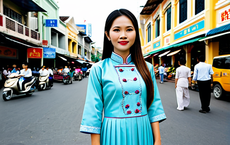 Vietnamese Woman in Traditional Ao Dai**
"A professional photograph of a Vietnamese woman wearing a traditional Ao Dai, fully clothed, standing in front of the Ben Thanh Market in Ho Chi Minh City. Appropriate attire, safe for work, perfect anatomy, natural proportions, professional lighting, high resolution, family-friendly."
**