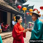 Home 20 문화 충격과 관련된 법적 문제 인식하기 - A vibrant street scene in Vietnam showcasing a multicultural gathering with people dressed in tradit...