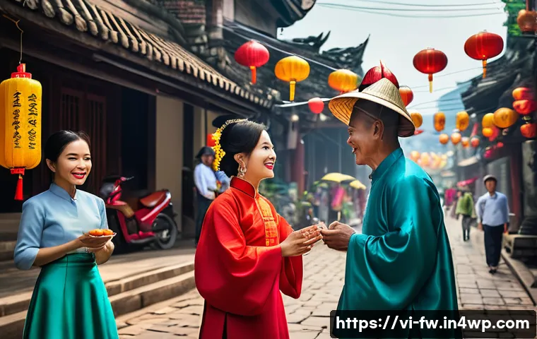 문화 충격과 관련된 법적 문제 인식하기 - A vibrant street scene in Vietnam showcasing a multicultural gathering with people dressed in tradit...