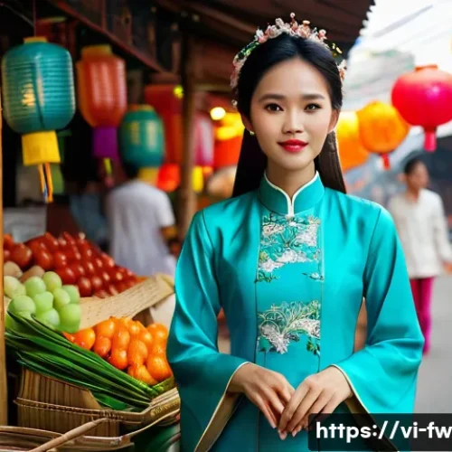 Home 31 문화 충격의 발달 단계 알아보기 - A young Vietnamese woman wearing traditional Ao Dai with subtle modern accessories, standing in a bu...