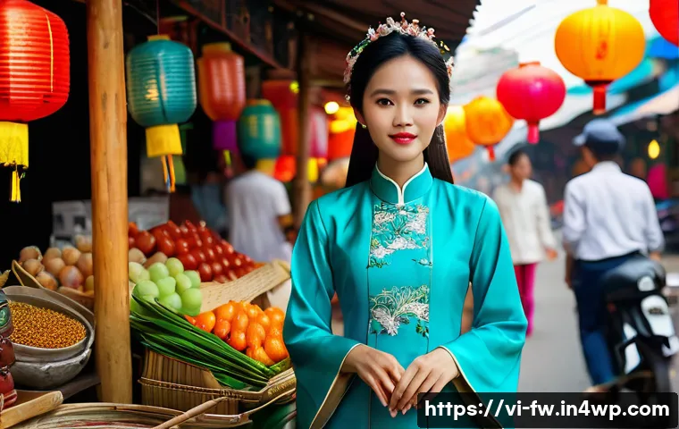 문화 충격의 발달 단계 알아보기 - A young Vietnamese woman wearing traditional Ao Dai with subtle modern accessories, standing in a bu...