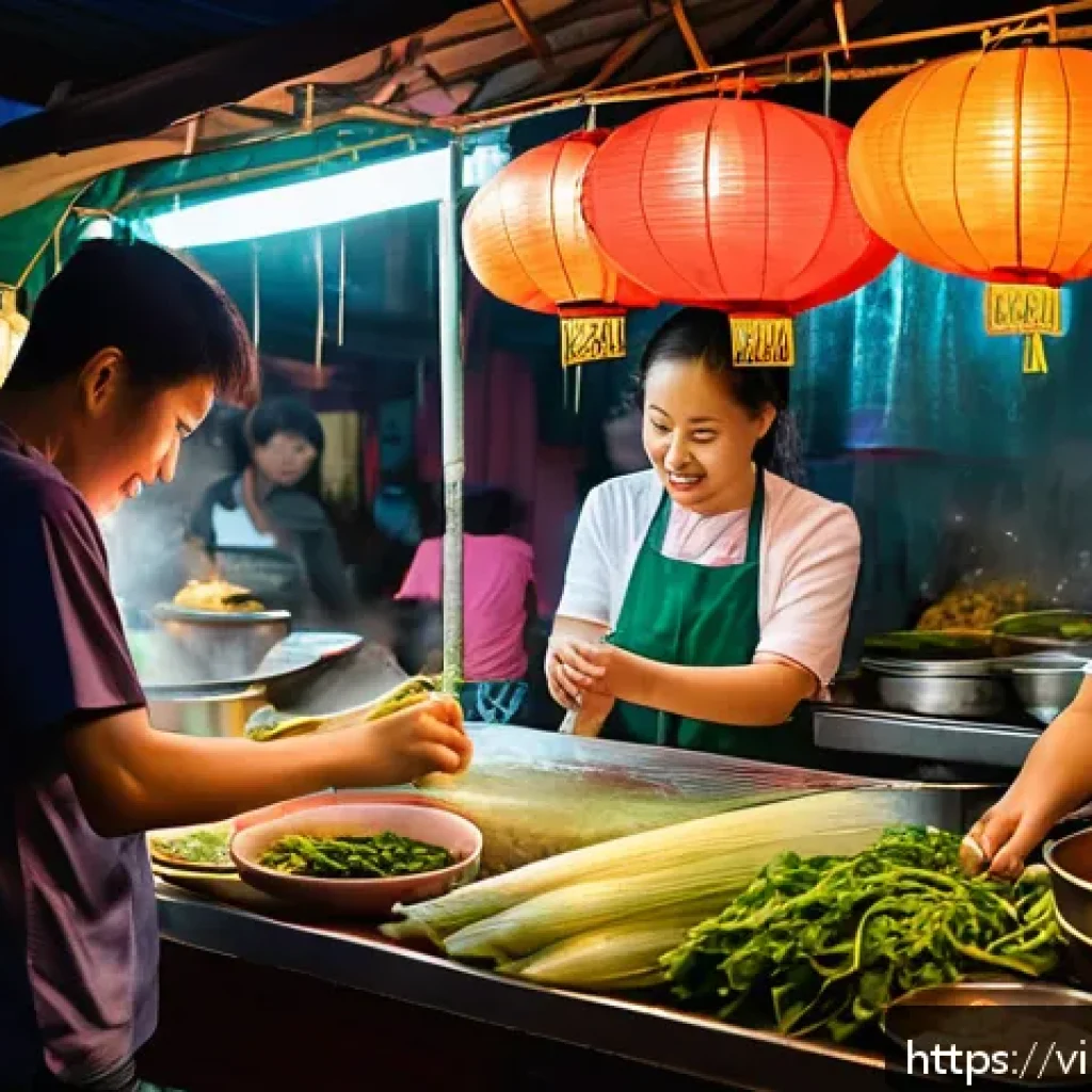 문화 충격을 이해하기 위한 다양한 시각 - A vibrant Southeast Asian street food market scene at dusk in Vietnam, featuring diverse vendors pre...