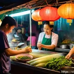 Home 23 문화 충격을 이해하기 위한 다양한 시각 - A vibrant Southeast Asian street food market scene at dusk in Vietnam, featuring diverse vendors pre...