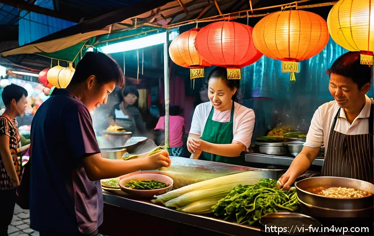 문화 충격을 이해하기 위한 다양한 시각 - A vibrant Southeast Asian street food market scene at dusk in Vietnam, featuring diverse vendors pre...